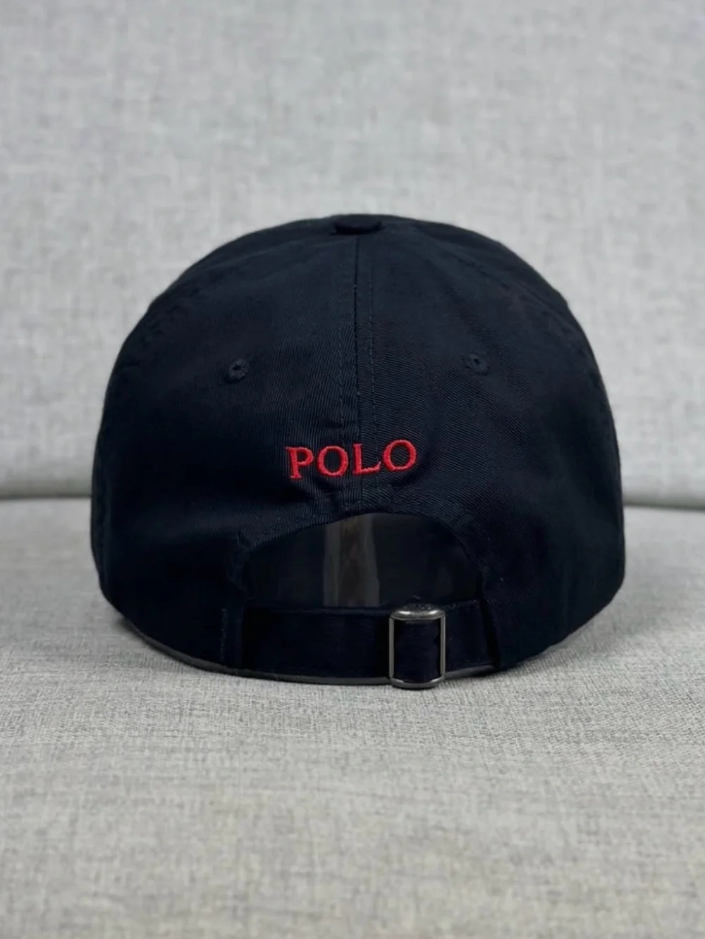 Polo Ralph Lauren black baseball hat with red logo, adjustable fit